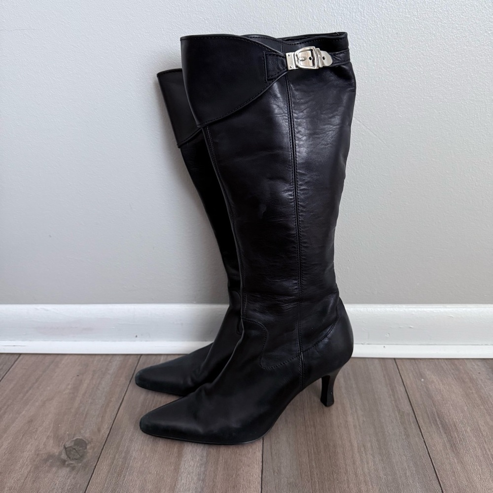 Vtg 90s Y2K Franco Sarto genuine leather pointed toe knee high boots black 8.5